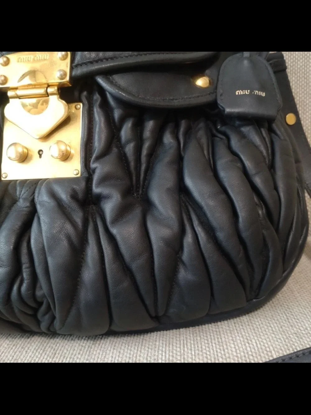 Miu Miu Black Ruched Leather Shoulder Bag with Gold Hardware